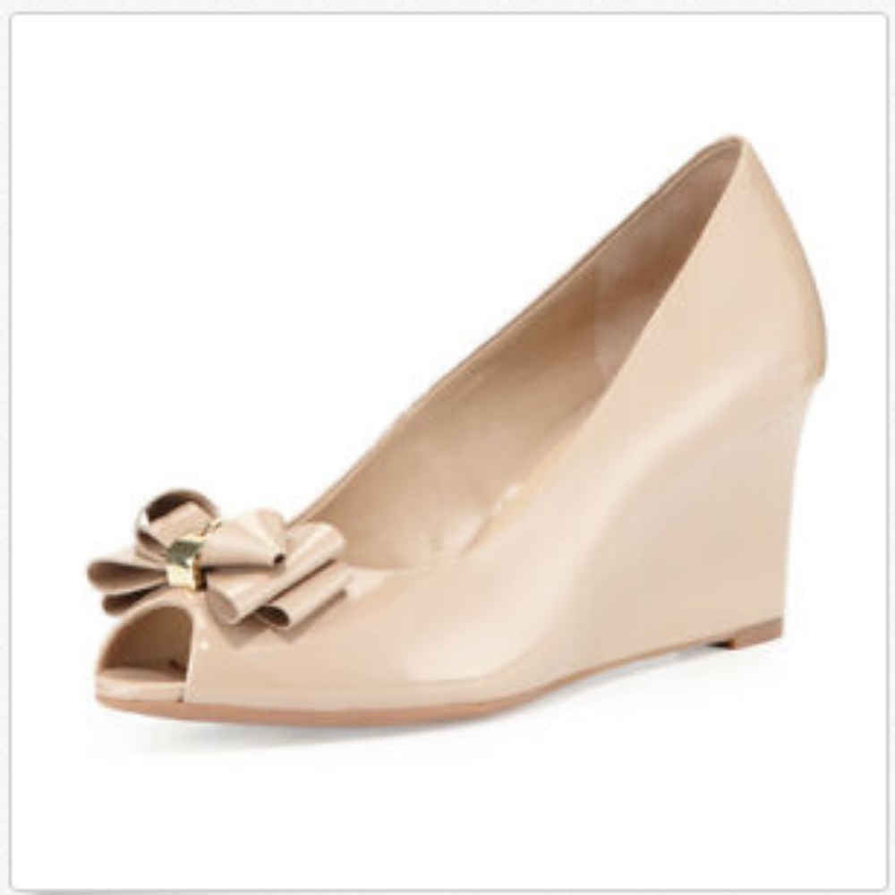 Tory Burch "Stacked Bow Peep" Patent Leather Wedge